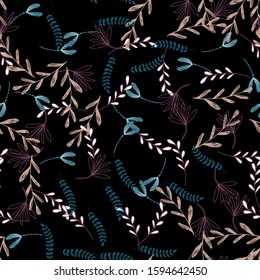 Trendy outline native foliage and leaves seamless pattern. Small and medium elements paradise flora leaves.Vector illustration.