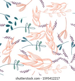 Trendy outline native foliage and leaves seamless pattern. Small and medium elements paradise flora leaves.Vector illustration.