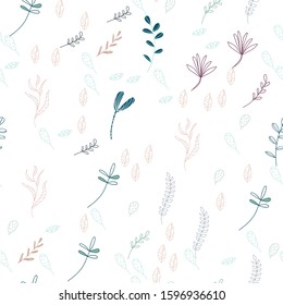 Trendy outline native foliage and leaves seamless pattern. Small and medium elements paradise flora leaves.Vector illustration.