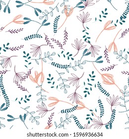 Trendy outline native foliage and leaves seamless pattern. Small and medium elements paradise flora leaves.Vector illustration.