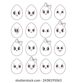 Trendy outline retro cartoon Easter egg characters. Groovy style, vintage. Happy Easter. Coloring book page. Vector illustration in flat style