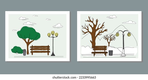 Trendy outline style. Wall art winter and spring view minimal canvas. Hand drawn one line continuous landscape. Botanical poster set decoration, interior, wallpaper banner. Two frame version line art