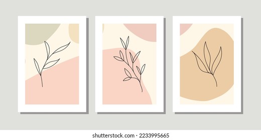Trendy outline style. Wall line art foliage minimal canvas. Hand drawn leaf branch, leaves with green texture. Botanical poster set for wall decoration, interior, wallpaper, banner. Pastel colorful
