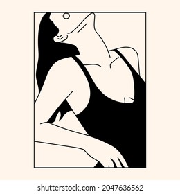 Trendy outline woman figure and face. Abstract elegant poster, tattoo,  print with female shape in a linear style. Modern dress, underwear concept. Minimalist woman portrait. Fashion print line art.
