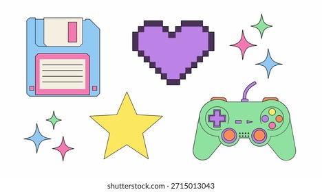 Trendy umrissene Pastellspielelemente mit Retro-Stil Symbole Dekoration