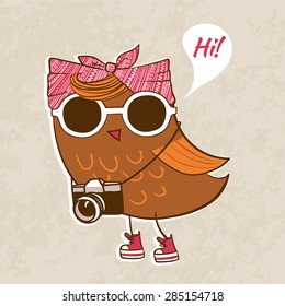 Trendy owl in a sunglasses with fashionable hairstyle. Vector illustration.