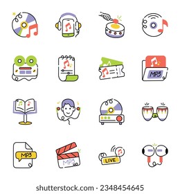 Trendy Pack of Instruments Doodle Icons 

