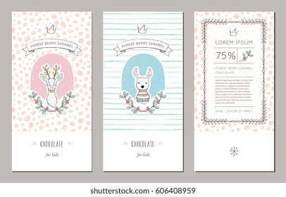 Trendy packaging design with hand drawn patterns. Vector illustrations with reindeer and floral wreaths. Good for children's cloths, package, wallpaper, greeting cards and invitations.