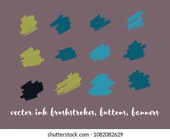 Trendy Paint Vector Brush Strokes. Brown Ink Splats, Banners, Chocolate Smears. Hipster Graffiti Ads Borders, Vintage Textured Doodles. Cool Smeared Borders, Vector Drawn Buttons Set.
