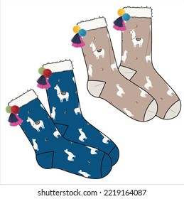 TRENDY PAIR OF SOCKS PAIR WITH POM POM AND TASSELS AND LLAMA ANIMAL VECTOR