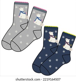 TRENDY PAIR OF SOCKS PAIR WITH POM POM AND TASSELS AND BEAR ANIMAL VECTOR