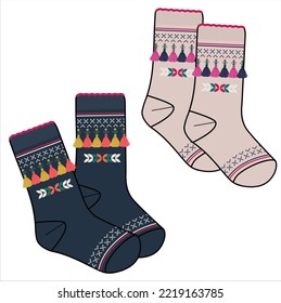 TRENDY PAIR OF SOCKS WITH TASSELS IN EDITABLE VECTOR FILE
