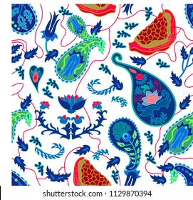 Trendy paisley print. Seamless vector pattern with red pomegranates, flowers and berries  on white background. Folk art style print with Turkish motifs.