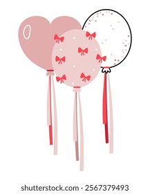 Trendy pale pink balloons for Valentine's Day. Heart-shaped balloon, transparent balloon. Balloon with bows.