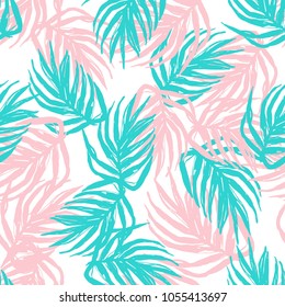 Trendy Palm Leaves Seamless Vector Pattern.Hand Drawn Brush Pattern for Fashion Design ,Wrapping Paper ,Fabric,Postcard,Poster,Party,Wallpaper,Goods ,Brochure, Placard 