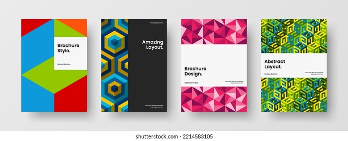 Trendy pamphlet A4 design vector concept set. Simple geometric hexagons cover template bundle.