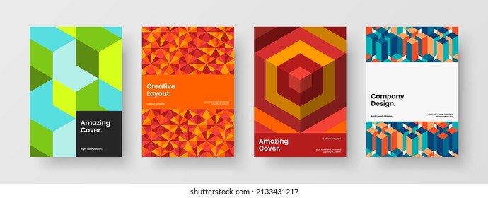 Trendy pamphlet A4 vector design template collection. Vivid mosaic tiles poster concept composition.