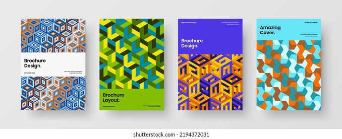 Trendy pamphlet A4 vector design illustration collection. Colorful geometric tiles presentation concept set.