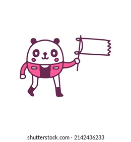 Trendy panda mascot holding flag, illustration for t-shirt, street wear, sticker, or apparel merchandise. With doodle, retro, and cartoon style.