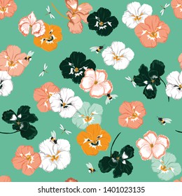 Trendy pansy flower seamless pattern in vector with dragonfly and bumble bess ,Design for fashion,fabric,web,wallpaper,and all prints on green mint background color