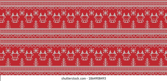 Trendy paper art pattern with knitted texture seamless bull. Watercolor style texture. Background, wallpaper. Christmas decoration. Geometric texture background. Holiday background