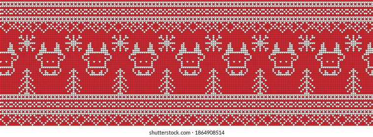 Trendy paper art pattern with knitted texture seamless bull. Watercolor style texture. Background, wallpaper. Christmas decoration. Geometric texture background. Holiday background