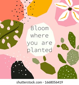 Trendfarbene Papiercollage mit abstrakten, handgezeichneten Blumenelementen, Motivationsplakat im zeitgenössischen skandinavischen Stil, Vektorillustration-Illustration, ideal für Einladung, Karte, T-Shirt-Design