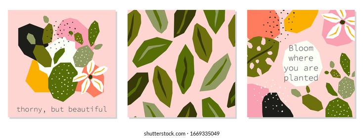 Trendy paper collage set with abstract hand drawn floral elements, motivation poster in flat design contemporary scandinavian style, vector illustration, ideal for invitation, card, t-shirt design