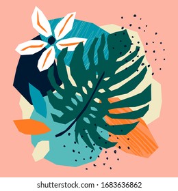 Trendy paper cut collage with abstract tropical floral elements, poster in flat design contemporary style, vector illustration, ideal for invitation, card, t-shirt design