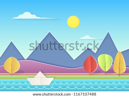 Trendy paper cuted landscape with mountains, hills, river, paper ship and trees. Summer landscape vector illustration.