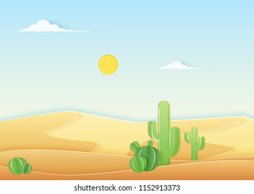 Trendy paper cuted style desert landscape with cute cactus in the desert vector illustration.
