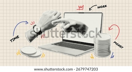 Trendy paper cutout collage elements. Halftone style stickers with doodles. Modern collage template. Time to work, time is money.