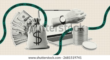 Trendy paper cutout collage elements with doodles. Halftone money stickers. Modern collage template. 