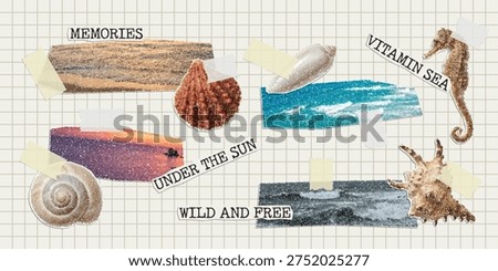 Trendy paper cutout collage summer elements. Clippings of sea, beach, sun and sky.  Halftone style stickers with doodles. Modern collage template. 