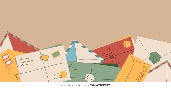Trendy paper letter background illustration, creative style handwritten postcard template, cartoon craft post card , flat handmade envelope with correspondence and invitation design.
