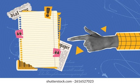 Trendy Paper Scrap Halftone Collage Background. Playful collage with a pointing hand, notebook paper, quotes, and newspaper scraps on a blue background. A mix of retro, editorial, and creative design.