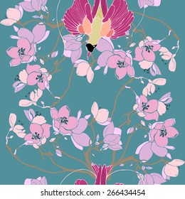 Trendy Paradise seamless vector pattern with bird and branch of flower