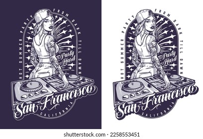 Trendy party girl flyer monochrome with mixing console and inscription San Francisco near tattooed woman in summer clothes vector illustration