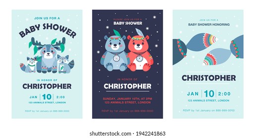 Trendy party invitation designs with funny tribal animals. Stylish birthday invitations with deer, racoon, bear. Forest wildlife and woodland concept. Template for leaflet, banner or flyer