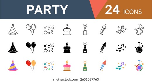 A trendy party-themed web icon set. Design symbols for hats, balloons, confetti, fireworks, and more.