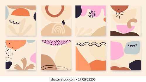 Trendy pastel aesthetic set of abstract artistic backgrounds. Modern hand drawn vector illustrations. 