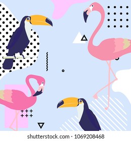 Trendy pastel background with flamingo and toucan. Summer vector illustration design with geometric elements