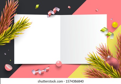 Trendy pastel christmas theme top view composition layout cover with blank paper book page, greeting card, 3d realistic vector art template