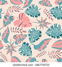 trendy pastel color tropical and monstera leaves seamless pattern 