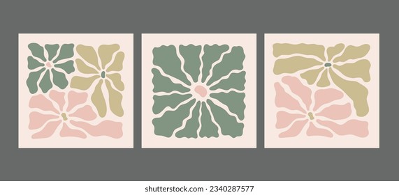 Trendy pastel colors modern wall art, poster, card template. Hippy style wavy camomile, daisy abstract flowers compositions set.