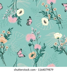 Trendy Pastel of  many kind of garden flower, plants ,botanical ,butterfly,seamless pattern vector design for fashion,fabric,wallpaper and all prints on green mint background color