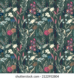Trendy Pastel of many kind of garden flower, plants, botanical. Seamless pattern vector design for fashion, fabric, wallpaper.