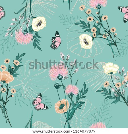 Trendy Pastel of  many kind of garden flower, plants ,botanical ,butterfly,seamless pattern vector design for fashion,fabric,wallpaper and all prints on green mint background color