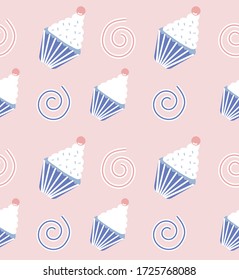 Trendy pastel pattern with sweet cupcakes. Cute ornament for posters, banners, wrapping paper, packing, textile. Vector illustration