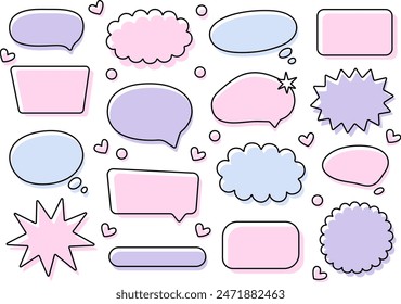 Trendy Pastel Purple Hand Drawn Set of Speech Bubbles. Can be used for various advertising and card designs. Cartoon comic pink and blue chat bubbles are isolated on a white background.